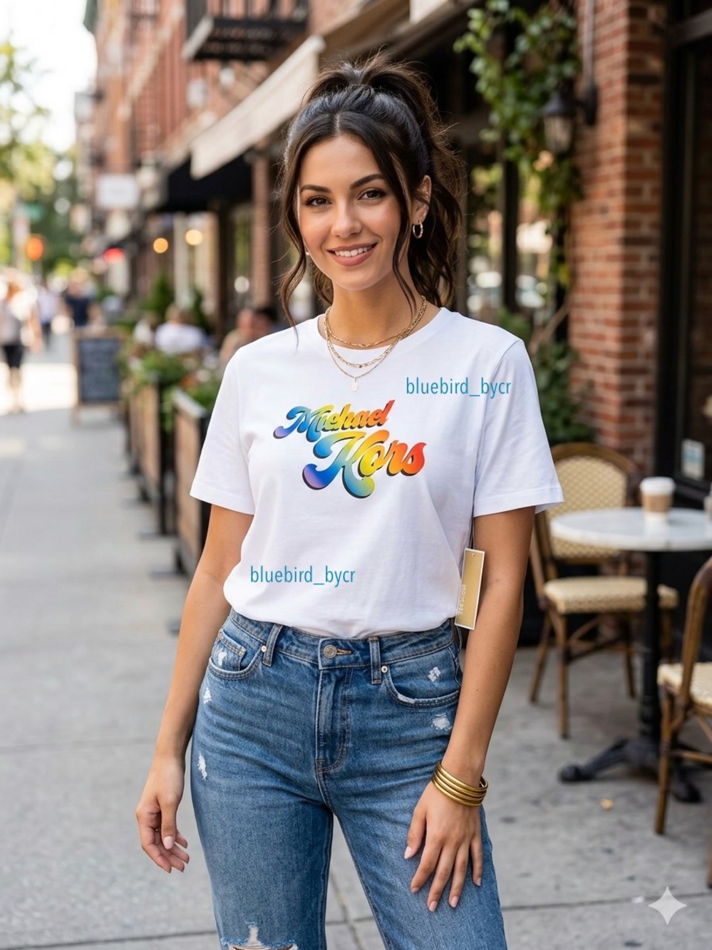 Michael Kors White Tee with Rainbow Script Logo